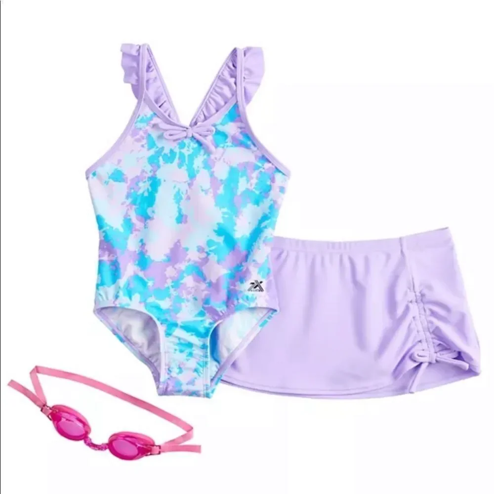 ZEROXPOSUR Girl’s Print One-Piece & Cover-Up Skirt Swimsuit with Goggles
